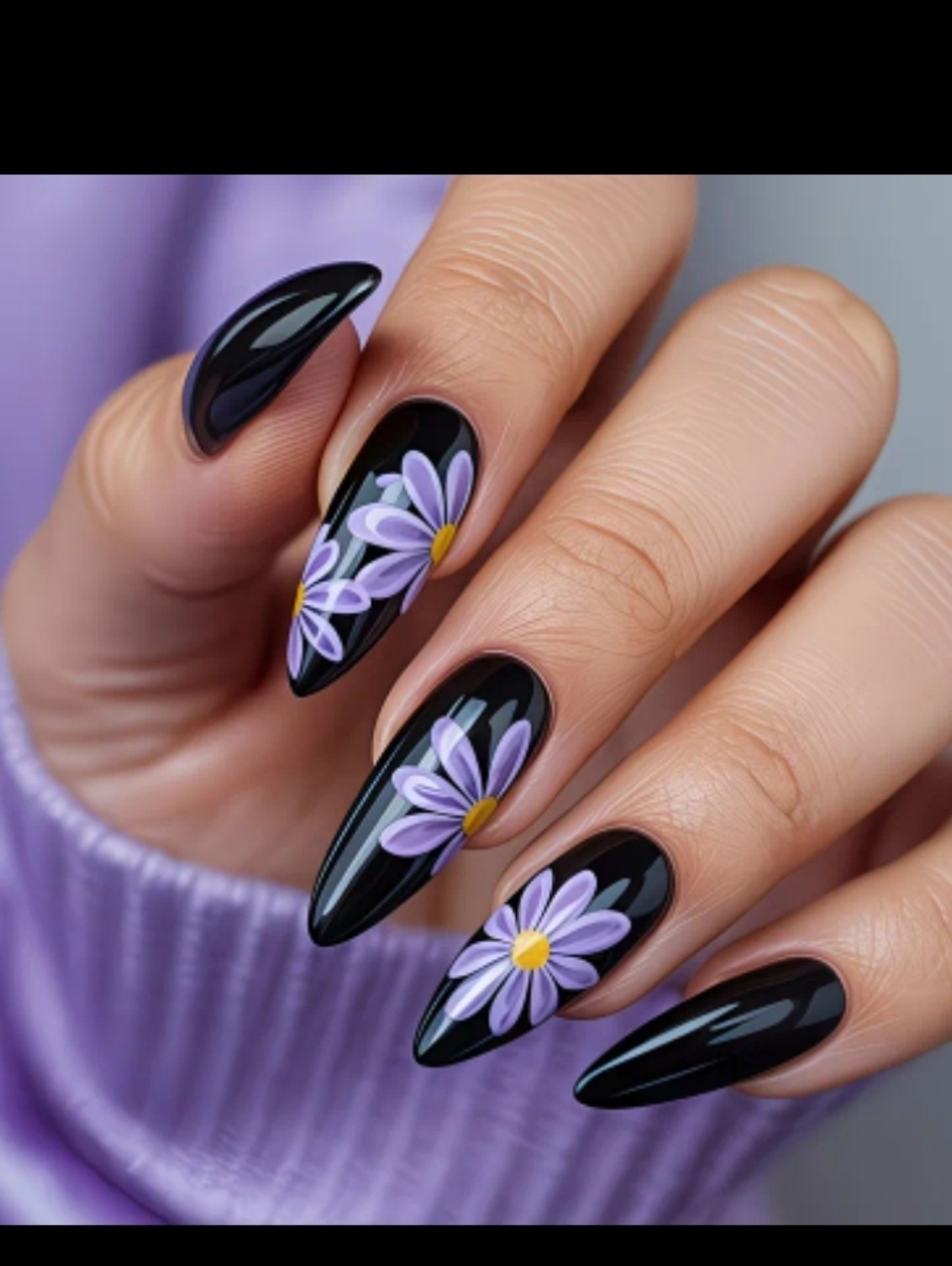 🔥3/$21 Black Press On Nail Set with Lavender Daisy Art
